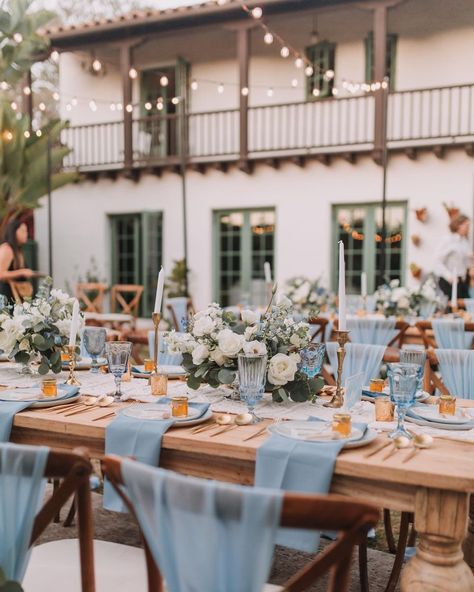 Cream And Blue Table Setting, Blue Brown Table Setting, Blue Candlesticks Wedding, Coastal Blue Wedding Decor, Mediterranean Blue Wedding, Light Blue And Brown Wedding Theme, Coastal Farmhouse Wedding, Coastal Garden Party Wedding, Light Blue Rustic Wedding