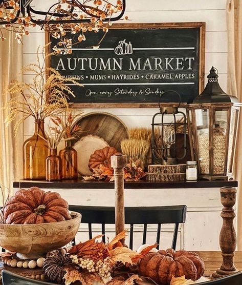 Love the sign. Since I used to make them that is typically the first thing I notice. But what a cozy space this look like! Vintage Fall Decor, Fabulous Friday, Harvest Decor, Cozy Fall Decor, Fall Decor Inspiration, Fall Farmhouse, Fall Thanksgiving Decor, Fall Deco, Autumn Decorating