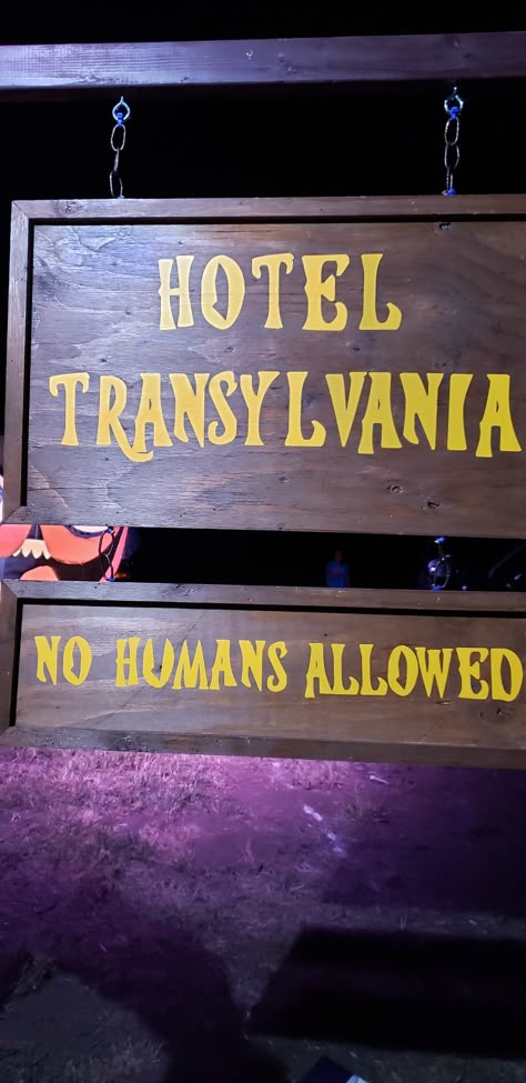 Hotel Transylvania. Collaboration: my friend built the sign and I added the words "Hotel Transylvania" and "No Humans Allowed" with HTV. Hotel Transylvania Door Decoration, Hotel Transylvania Halloween Decorations, Hotel Transylvania Party Decorations Diy, Halloween Hotel Decorations, Hotel Transylvania Trunk Or Treat Ideas, Hotel Transylvania Trunk Or Treat, Hotel Transylvania Aesthetic, Hotel Transylvania Decorations, Hotel Transylvania Halloween