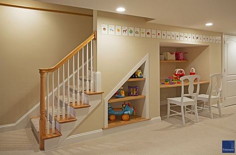 Under Stairs Desk, Staircase Bookshelves, Ideas Under The Stairs, Contemporary Staircase Design, Stair Landing Decor, Basement Built Ins, Conch House, Stair Shelves, Basement Room