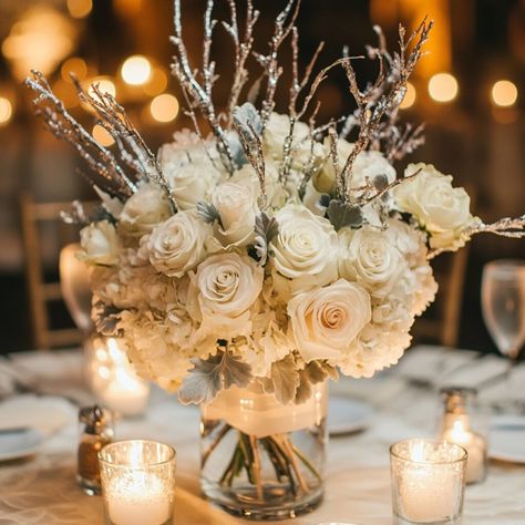 Create stunning December wedding centerpieces with these elegant ideas. Whether you're planning DIY centerpieces, rustic floral arrangements, or sophisticated designs, these centerpieces for your December wedding reception will elevate your décor. Perfect for winter wedding receptions, these centerpiece ideas offer beauty and charm. Add a festive touch with unique December wedding flower centerpieces. Start planning your dream reception décor today. New Years Wedding Flowers, Winter Shower Centerpieces, Winter Wedding Centerpieces Round Table, Diy Wedding Centerpieces Elegant, December Wedding Centerpieces, December Wedding Reception, Rustic Floral Arrangements, Dream Reception, Wedding Flower Centerpieces