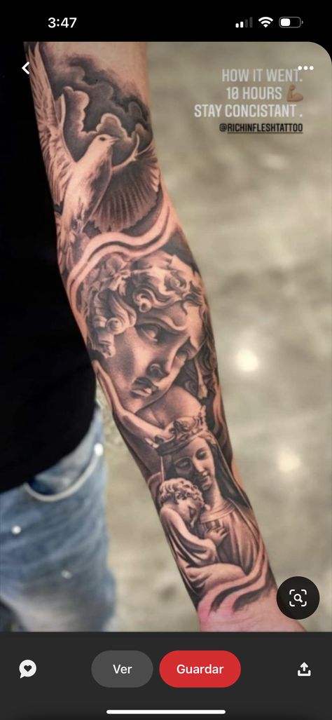 Outer Forearm Tattoo Men, Tattoo Men Sleeve, Angel Sleeve Tattoo, Christus Tattoo, Herren Hand Tattoos, Arm Tattoos For Guys Forearm, Outer Forearm Tattoo, Chicano Tattoos Sleeve, Quarter Sleeve Tattoos