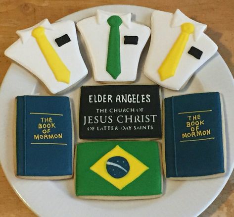 lds missionary cookies. Called to serve Brazil mission Mission Farewell, Missionary Homecoming, Royal Icing Cookies Recipe, Called To Serve, No Bake Sugar Cookies, Lds Missionary, Sister Missionaries, Missionary Gifts, Sugar Cookie Designs