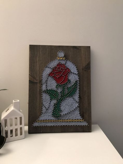 Disney String Art, فن الرسم بالمسامير, Art Of Disney, Beauty And The Beast Rose, String Art Tutorials, String Wall Art, Nail String Art, Rose Crafts, Calligraphy Brush