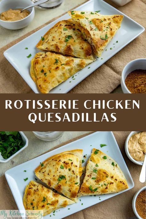 These rotisserie chicken quesadillas (with homemade taco seasoning) will easily become your new favorite at-home Mexican recipe. Ready in under an hour. Easy recipe! Much better than takeout! Chicken Quesadilla Recipe With Rotisserie Chicken, Quesadilla With Rotisserie Chicken, Rotisserie Chicken Quesadilla Recipe, Chicken Taco With Rotisserie Chicken, Sandwiches With Rotisserie Chicken, What To Cook With Rotisserie Chicken, Rotisserie Chicken Quesadillas Easy, Rotisserie Chicken Mexican Recipes, Rotisserie Chicken Recipes Mexican