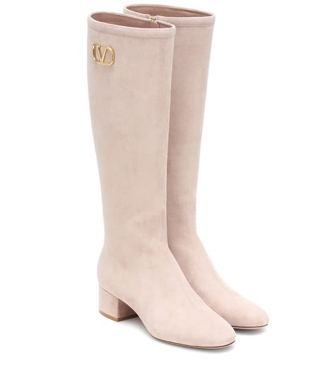 Valentino Garavani Vlogo Suede Knee-High Boots - Valentino | Mytheresa Hight Boots, Valentino Boots, Suede Boots Knee High, Shearling Boots, Moon Boots, Valentino Shoes, Saint Laurent Shoes, Pink Suede, Suede Boots