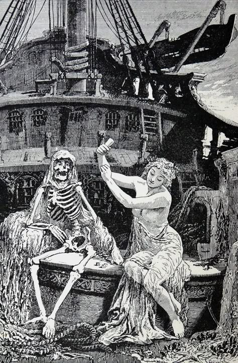 Art by Lancelot Speed for The Rime of the Ancient Mariner in Andrew Lang's "The Blue Poetry Book." London: Longmans, Green, 1891  “The Blue Poetry Book” was Andrew Lang's first and only “colored” book of poetry.  It collects nearly 150 poems by masters such as Blake, Wordsworth, Scott, Longfellow, Burns, Byron, Shakespeare, Poe, Marlowe, Coleridge, Milton, Macaulay, among others.  The poems are accompanied by 100 black and white illustrations by Henry J. Ford and Lancelot Speed.  And.. Blue Poetry, Rime Of The Ancient Mariner, The Ancient Mariner, Andrew Lang, Ancient Mariner, White Artwork, Fairytale Illustration, Occult Art, Poetry Book