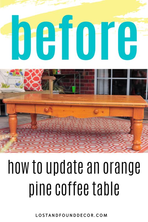 I have a fun makeover to share with you all today . . . Along with a brand new color and new wood technique! Say hello to this lovely orange pine coffee table I picked up at my local thrift store. This solid wood table is sturdy and the perfect size–nothing wrong with it except it’s that terrible orange pine! It was the perfect candidate for a makeover, and I knew I wanted to try and take it more in the Farmhouse-Style direction. Country Farmhouse Coffee Table, Painted Pine Coffee Table, Restaining Wood Coffee Table, Coffee Table Makeover Diy Wood, Refinishing Pine Table, Upcycle Pine Table, Thrift Store Coffee Table Makeover, Redoing Coffee Tables, Refinishing Orange Wood Furniture