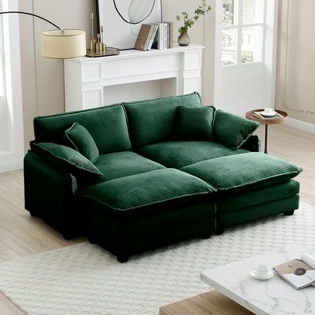 Upgrade your space with this Retro Corduroy Sectional Sofa. Featuring ergonomic memory foam cushions and a matching footstool, it offers style and comfort. Available in multiple colors, easy to assemble, and perfect for any room. Color: Green. Cozy Living Room Warm, Corduroy Sectional, Theater Sofa, 2 Ottomans, Small Living Spaces, Soft Throw Pillows, Velvet Couch, Green Sofa, Seat Design