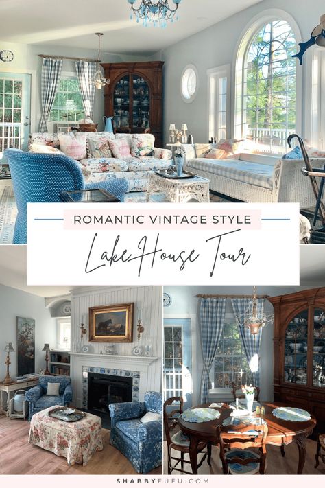 Romantic Vintage Style Lake House Tour House Beautiful Magazine, Lake House Kitchen, English Cottage Style, Upstairs Bathrooms, Dining Nook, Vintage Cabinets, House Beautiful, French Country Style, English Cottage