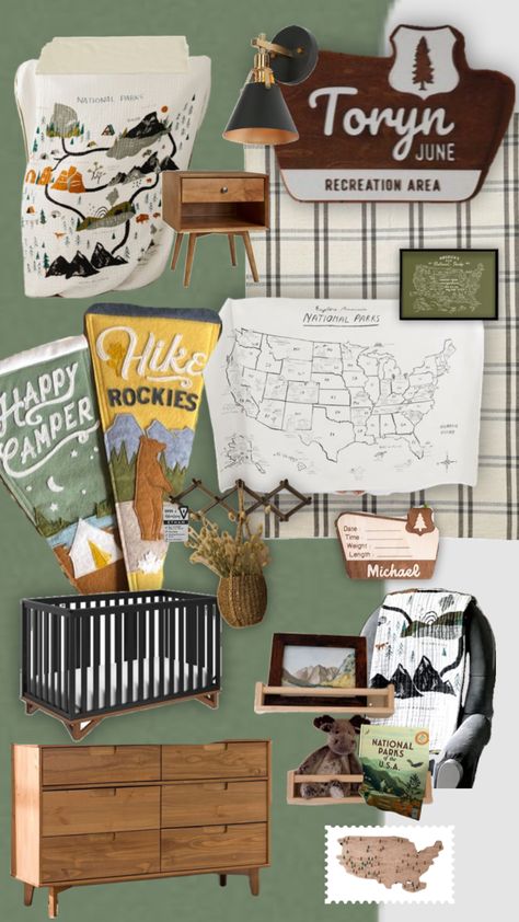 Asher’s Nursery Theme #nationalparks Camping Nursery Theme, Outdoors Themed Nursery, Camping Theme Bedroom, National Park Nursery, Camping Nursery, Adventure Theme Nursery, Boy Nursery Themes, Outdoor Nursery, Baby Boy Nursery Themes