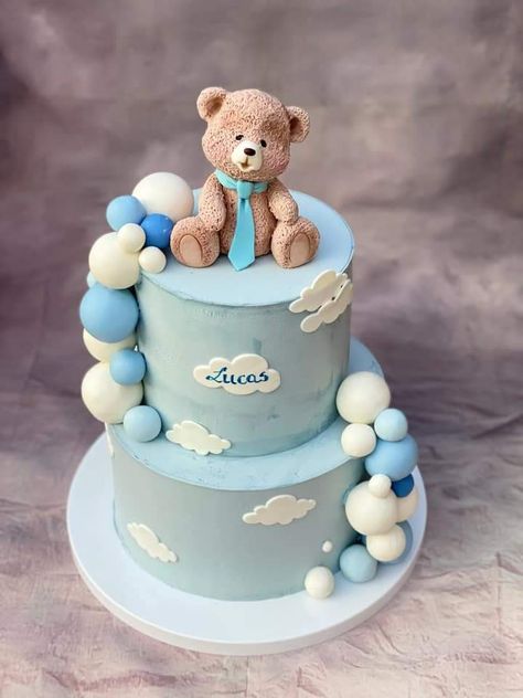 Blue Teddy Bear Cake, Blue Bear Cake, Maket Pasta, Teddy Cakes, Boys First Birthday Cake, Mason Jar Desserts, Animal Birthday Cakes, Cake Piping, Baby Shower Cakes Girl