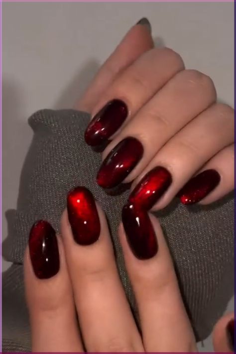 Dark Polish Nail Designs, Almond Nail Red French Tip, Dark Red Nails With Accent Nail, Wine Red Nails Designs Almond, Dark Red Glossy Nails, Trend Nails 2024 Winter, Dark Red Glass Nails, Burgundy Velvet Nails, Red Vampy Nails