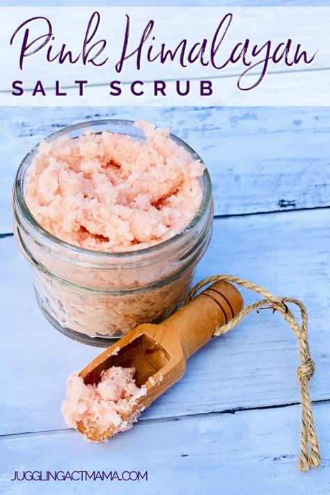 This pink Himalayan salt scrub is an easy-to-make indulgence for your skin. Your self-care routine will thank you! via @jugglingactmama Pink Salt Body Scrub Diy, Pink Salt Scrub Diy, Epsom Salt Scrub Diy, Himalayan Salt Scrub Diy, Epson Salt Scrub, Easter Cricut Projects, Sea Salt Scrub Recipe, Pink Salt Scrub, Pink Himalayan Salt Scrub