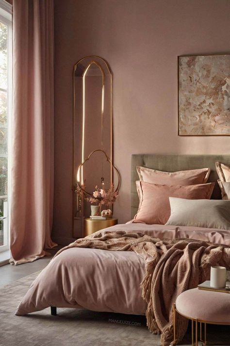 Blush Pink And Gold Bedroom, Pink Wall Bedroom, Dusty Pink Curtains, Pink And Gold Bedroom, Light Pink Bedrooms, Dusty Pink Bedroom, Girly Pink Bedroom, Blue And Pink Bedroom, Pink Bedroom Furniture