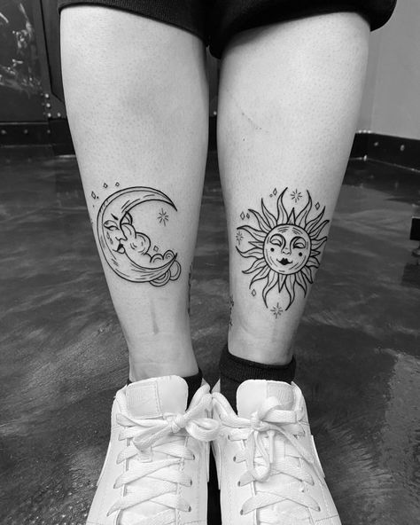 Thigh Tattoos Women Sun And Moon, Sun Shin Tattoo, Sun And Moon Shin Tattoo, Sun And Moon Foot Tattoo, Matching Shin Tattoos, Sun And Moon Knee Tattoo, Sun And Moon Leg Tattoo, Sum And Moon Tattoo, Sun And Moon Tattoo Stencil