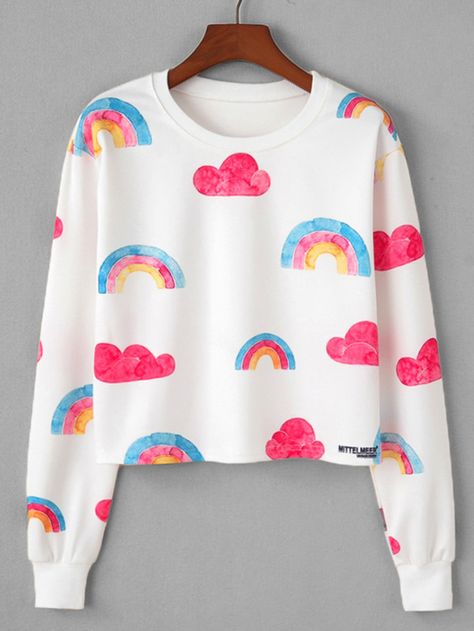 Rainbow Print Random Sweatshirt -SheIn(Sheinside) Rainbow Sweatshirt, Stylish Hoodies, Trendy Hoodies, Trendy Dress Outfits, Tween Outfits, Fashion Attire, Rainbow Print, Girls Fashion Clothes, Teenage Fashion Outfits