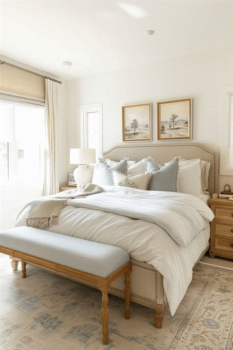 french farmhouse style bedroom with cream walls and cream bedding French Farmhouse Bedroom, French Provincial Bedroom, Farmhouse Style Bedroom, Wrought Iron Bed Frames, French Style Bed, Wrought Iron Bed, Airy Bedroom, Cream Bedding, Farmhouse Style Bedrooms