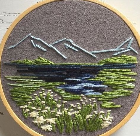 Woodsy Embroidery, Embroidery Designs Landscape, Embroidery Landscape Easy, Embroidery Designs Mountains, Embroidered Mountains Simple, Embroidery Patterns Mountains, River Embroidery, Mountain Embroidery Pattern, Mountain Applique