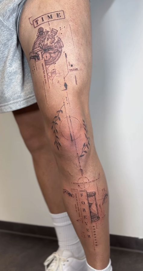 Leg Line Tattoo Men, Spiritual Nature Tattoos, Sagaterious Tattoos, Tattoo Inspiration Men Leg, Men’s Thigh Tattoos, Tattoo Tibia, Snake Leg Tattoo, Leg Tattoos For Guys, December Tattoo