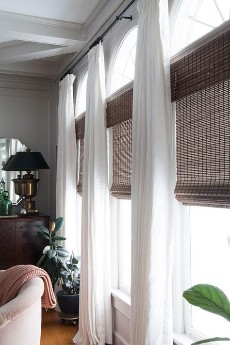 Big Window Curtains, Big Windows Living Room, Window Treatments Living Room, Faux Wood Blinds, Custom Drapes, Big Windows, Window Room, Living Room Windows, Home Curtains