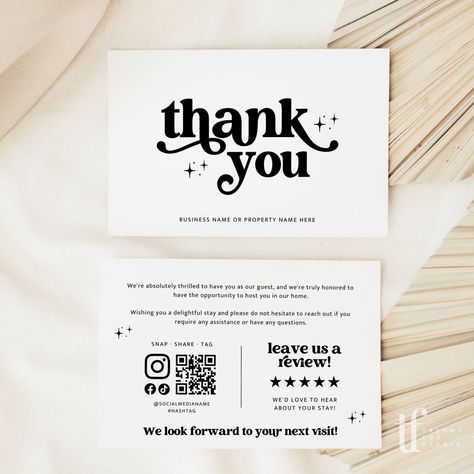 Get ready to rock your Airbnb hosting game with this retro thank you card template! It's time to make your guests feel extra special when they arrive at your rental property. You can customize this card to match your vibe and leave it alongside a welcome basket or as a standalone surprise. Show your gratitude to your guests for choosing your place and give them a gentle nudge to leave a 5-star review. These little thoughtful touches will definitely level up your hosting skills and pave your way Rental Property Welcome Basket, Airbnb Host Thank You Card, Review Cards Business, Thank You Card Ideas Aesthetic, Thank You Brand Cards, Thank You For Your Order Cards Ideas, Canva Card Design, Thank You For Your Business Card, Digital Thank You Cards