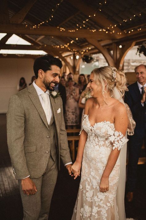 Groom in a green threepiece tweed suit and bride in a lasercut lace off the shoulder Enzoani wedding dress Best Groom Suits, Rustic Wedding Dresses Country, Enzoani Wedding Dress, Rustic Wedding Suit, Groom Suit Tweed, Barn Wedding Ceremony, Rustic Wedding Groom, Barn Wedding Dress, Rustic Groom