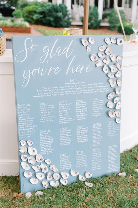 Its About Shucking Time Wedding, Coastal Wedding Seating Chart Ideas, French Coastal Wedding, Coastal Wedding Signage, Crab Wedding, Oyster Shell Wedding, Kiawah Wedding, Coastal Wedding Ideas, Eastern Shore Maryland Wedding