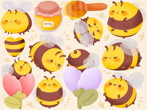 Honey Bee Clipart, Honey Illustration, Stickers For Goodnotes, Bee Drawing, Bee Clipart, Bee Illustration, Baby Shower Yellow, Draw Cartoon, 8bit Art