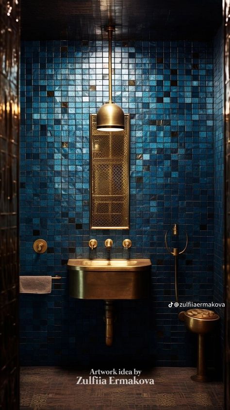 Opulent Small Bathroom, Bathroom Ideas Blue And Gold, Clawfoot Tub Ideas, Brick Bathroom, Guest Bathroom Design, Clawfoot Tubs, Bathroom Design Styles, Copper Sink Bathroom, Bathroom Plan