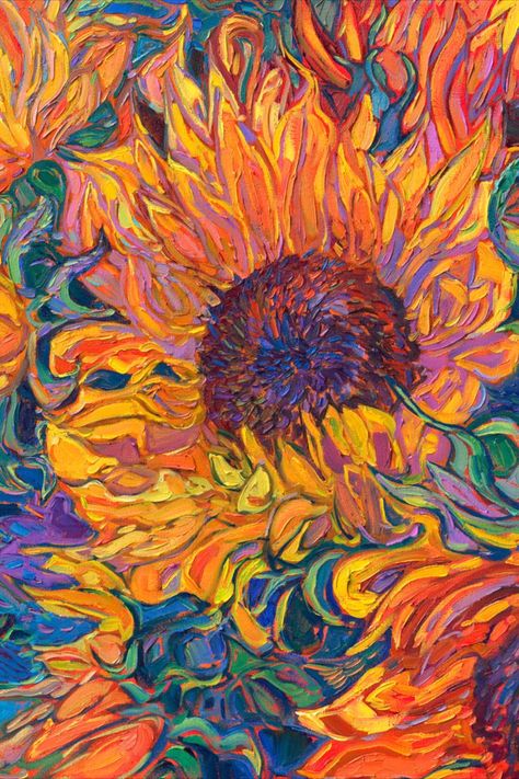 Sunflowers in vivid, impressionistic color, by Erin Hanson. Erin Hanson Art, Post Impressionism Art Paintings, Fauvism Art Ideas, Erin Hanson Painting, Vivid Paintings, Funky Art Prints, Fauvism Painting, Vivid Art, Sunflower Paintings