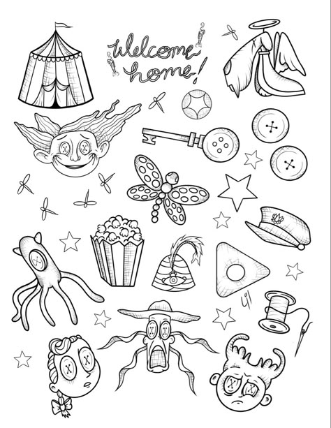 Cute Tim Burton Tattoos, Coraline Stencil Tattoo, Squid From Coraline Tattoo, Coraline Back Tattoo, Cool Coraline Tattoos, Movie Tattoo Flash Sheet, Coraline Small Tattoo, Fine Line Coraline Tattoo, Ghost Tattoo Flash Sheet