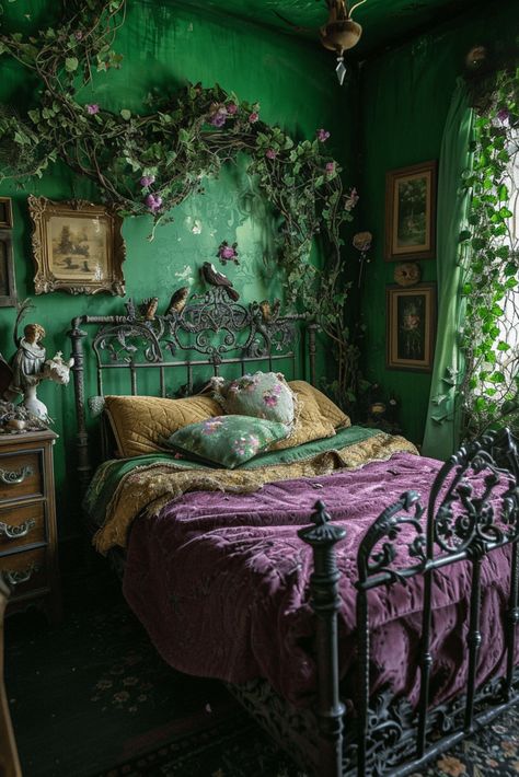 Canopy Bed Whimsigoth, Whimsy Goth Aesthetic Bedroom, Cottage Witch Bedroom, Green Witch Room, Green And Purple Room, Whimsical Bedroom Adult, Goblincore Bedroom, Goth Forest, Whimsy Gothic