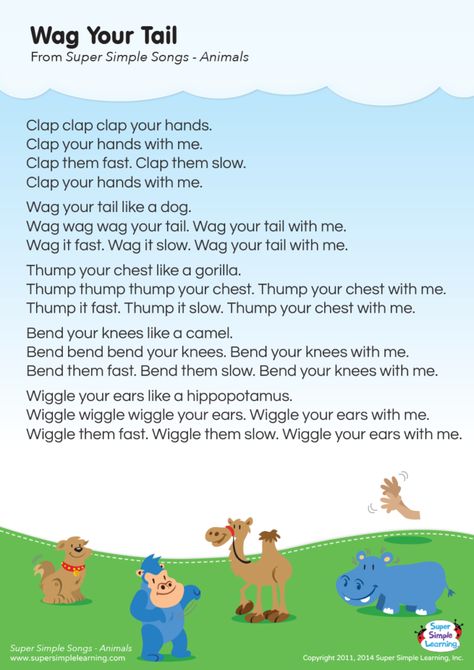 Wag Your Tail Lyrics Poster - Super Simple Zoo Songs, Circle Songs, Animal Song, Preschool Zoo Theme, Preschool Poems, Kindergarten Esl, Early Head Start, Language Development Activities, Transition Songs