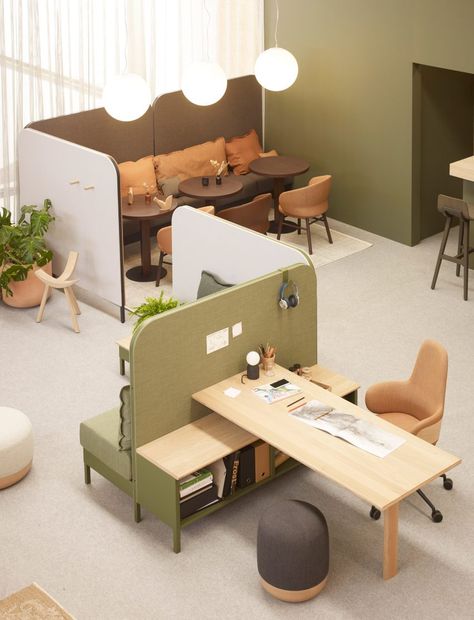 The system houses both formal and informal working areas. Layout System, Space Layout, Design Desks, Modular Office, Workplace Design, Seat Design, Modular System, Space Furniture, Coworking Space