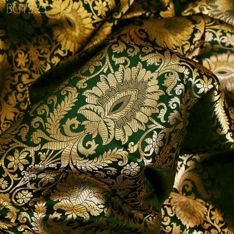 Bottle Green Gold Brocade Fabric by the Yard Banarasi Wedding Dress Fabric Banaras  Home Décor Clothing Accessories Curtains Table Runners Gold Brocade Fabric, Bridal Anklet, Banarasi Brocade, Wedding Dress Fabric, Silk Cushions Covers, Gold Brocade, Bridal Fabric, Wedding Dress Fabrics, Indian Fabric