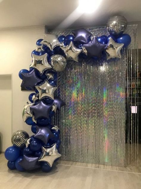 50+ Best DIY Baby Shower Backdrop Ideas | HubPages Saturno Birthday Party, Blue And Silver Disco Party, Blue Black Silver Party Decorations, Blue 18th Birthday Party Ideas, Midnight Theme Party, Blue Disco Party, 18th Birthday Party Ideas At Home, Disco Ball Birthday, 17 Doğum Günü