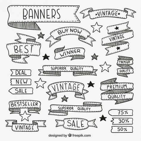 Bannières vintage Drawing Banners, Band Banner, Banner Doodle, Cartoon Cupcakes, Sketch Note, Banner Drawing, Bullet Journal Banner, Ribbon Banner, Sketch Notes