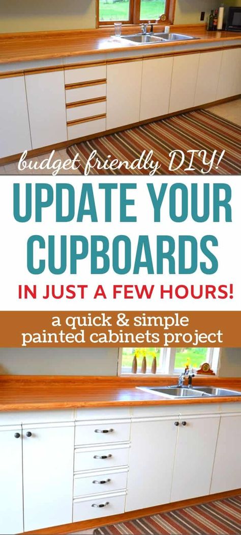 You don't have to rip out your cupboards to give your kitchen a makeover! Learn how to give dated European cupboard doors a face lift with this simple painted cabinet DIY project. This painted kitchen cabinets before and after is super budget friendly and will help you love where you live a little more! Kitchen Laminate Cabinets Makeover, Kitchen Cupboard Renovation, Laminate Cabinet Makeover Before After, Diy Cupboard Doors Makeover, Melamine Cabinet Makeover, Diy Cupboard Makeover, Painting Cupboards Kitchen, Cupboard Makeover Diy, Diy Cupboard Doors