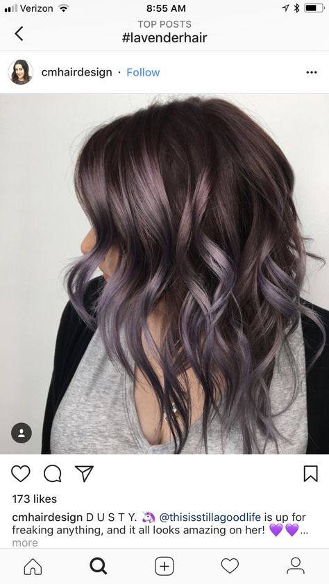 Brown Hair Colouring Ideas, Medium Wavy Hair Color Ideas, Lilac Balayage On Dark Hair, Medium Length Haircut For Thinning Wavy Hair, Mushroom Brown And Purple Hair, Brunette With Purple Balayage, Purple Gray Highlights Brown Hair, Lavender Balayage Brunette Pastel Purple, Smokey Lavender Hair Brunette