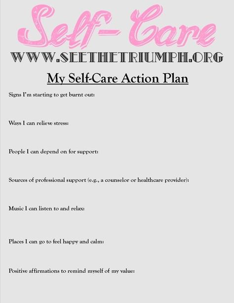 Develop a "Self-Care Action Plan" to make caring for yourself a priority. Download a pdf copy of the Plan here: http://www.seethetriumph.org/blog/see-the-triumphs-my-self-care-action-plan #seethetriumph Wellness Recovery Action Plan, Worksheets For Adults, Self Care Plan, Group Therapy Activities, Self Care Worksheets, Compassion Fatigue, Mental Health Activities, Group Counseling, Health Activities