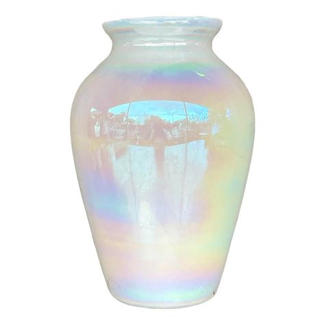 A beautiful vintage Boho white glass vase. A chic iridescent glaze gives it an almost bubble like coloration. A great way to add a little flash of glamour to any space. Acquired from a Palm Beach estate. Opal Home Decor, Youtube Room, Iridescent Ceramic, Iridescent Wedding, Ethereal Decor, Iridescent Vase, Iridescent Decor, Dreamscape Architecture, Jenna Sue Design