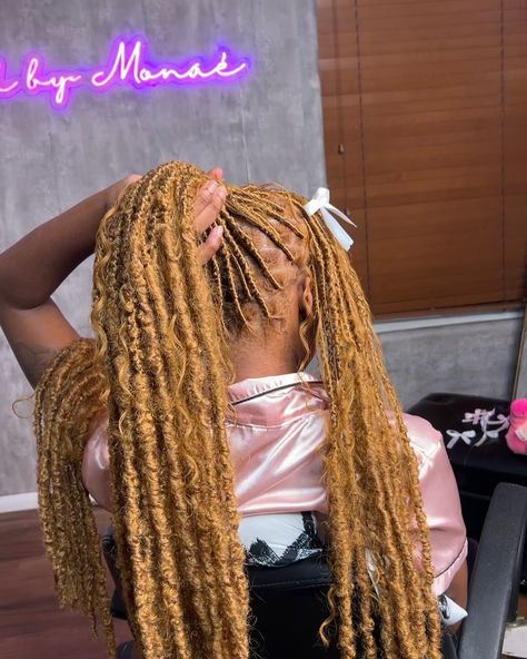 The girls love the bows 🎀🤍 You can book this style using the link in bio Style : indie locs + boho curls add on . . . #dallashairstylist #locstyles #protectivestyles #vegashairstylist #knotlessbraids #hairinspo #vegaslocs #houstonhair #hairstyles #vegasfauxlocs #vegashair #explore Blonde Distressed Locs, 27 Soft Locs, Blonde Boho Locs, Indie Locs, Brown Soft Locs, Locs With Curls, Fairy Locs, Boho Curls, Crochet Locs