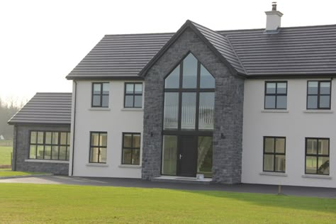 Cladding House Exterior, Stone Front House, Irish House Plans, House Designs Ireland, Rendered Houses, Natural Stone Cladding, Irish Houses, Exterior House Remodel, Self Build Houses