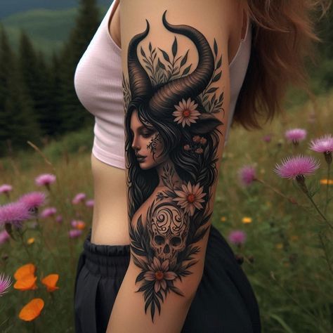 Horned Woman Tattoo, Lilith Tattoos For Women, Witch Sleeve Tattoo, Realism Snake Tattoo, Lilith Tattoo Ideas, Icon Wallpaper Aesthetic, Goddess Tattoos, Lilith Tattoo, Wicca Tattoo