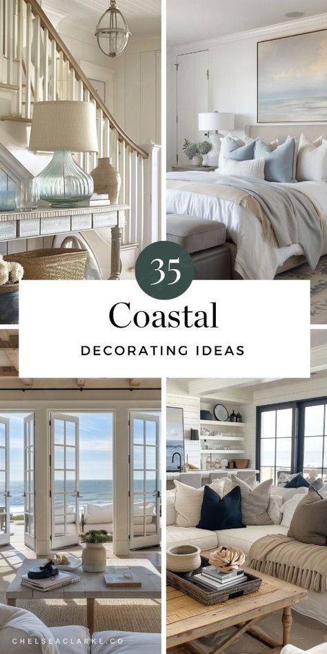 Get inspired by this big list of coastal home decorating ideas to style your home like a beach-side coastal cottage. Coastal Home Decorating, Hamptons Decor Coastal Style, Florida Coastal Interior Design, American Coastal Style, House Coastal Style, Modern Costal Exteriors, Modern Coastal Design Interiors, Modern Cottage Home Design, Costal Grandmother Aesthic Home