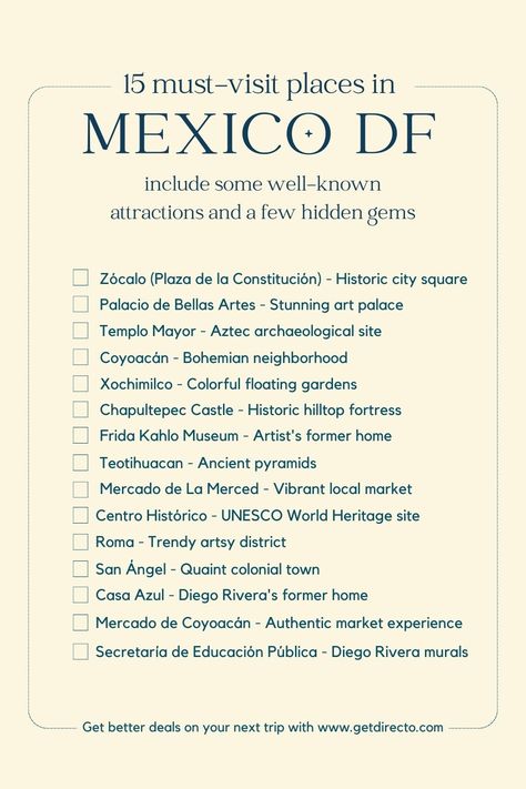 to do Checklist place to visit in Mexico Template free bucket list to-do in Mexico City Move To Mexico, Mexico City Itinerary, Mexico City Bucket List, Mexico Travel Itinerary, Mexico City Aesthetic, Mexico City Vacation, Places In Mexico, Mexico Bucket List, Things To Do In Mexico