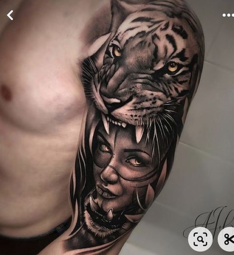 Arm Tattoos Tiger, Tato Realis, Voll Arm-tattoos, Tiger Face Tattoo, Tiger Tattoo Sleeve, Side Neck Tattoo, Animal Sleeve Tattoo, Quarter Sleeve Tattoos, Lion Tattoo Sleeves