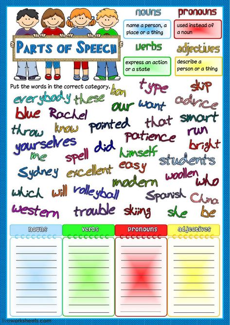 Parts of Speech interactive and downloadable worksheet. You can do the exercises online or download the worksheet as pdf. Parts Of Speech Worksheet, Nouns And Verbs Worksheets, Nouns Verbs Adjectives Adverbs, Figurative Language Worksheet, Part Of Speech Noun, Adjective Worksheet, Nouns And Pronouns, Nouns Verbs Adjectives, Nouns Worksheet