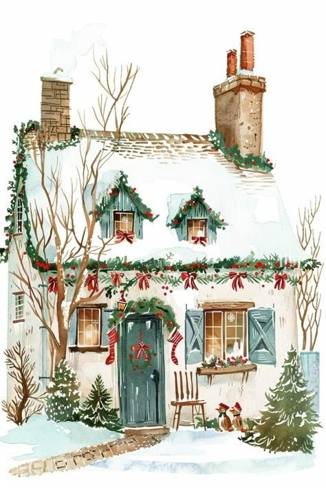 Christmas Cottage Drawing, Cosy Christmas Illustration, Christmas Cottage Painting, Christmas Drawings Beautiful, Cozy Christmas Illustration, Christmas House Illustration, Winter House Illustration, Christmas Illustration Watercolor, The Holiday Cottage